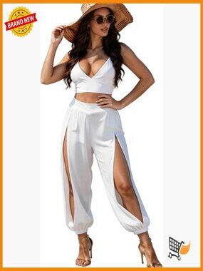 Strap Crop Top High Waist Side Slit Harem Pants Set Slight Stretch Yoga Beach